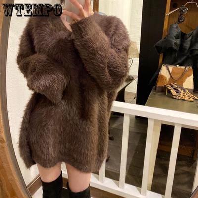 Casual Women V Neck Thicken Warm Knitting Sweaters Autumn Winter Mink Cashmere Soft Ladies Loose Mohair Long Pullovers