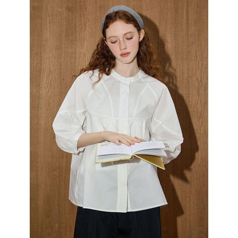 Coolhut2025 Summer New Style French Round Neck White Shirt Women's Loose Casual Long-Sleeved Top