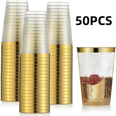 50 Stück 10oz Goldrandbecher, Robuste Hartplastik-Wassergläser Geeignet für Hochzeiten und Partys, Party-Geschirr Trinkgläser