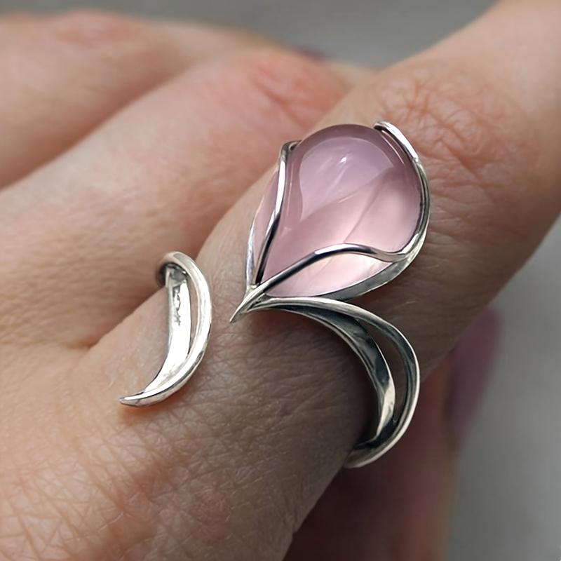 

Huitan Pear Pink Stone Opening Rings for Women Silver Plated Temperament Sweet Female Ring Wedding Party New Trendy Jewelry resizable