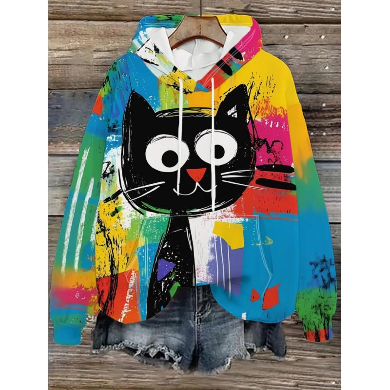 Womens Oversized Hooded Sweatshirt With Cartoon Animal Print Casual Streetwear Top Fall 2025