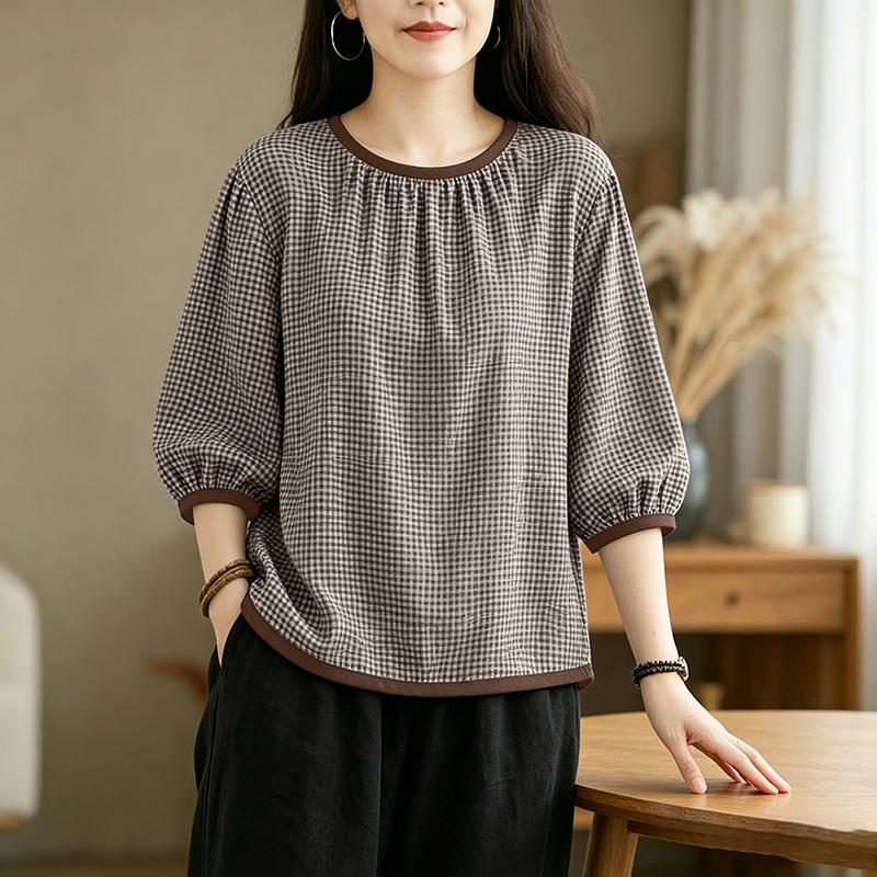 ZANZEA Women Casual Round Neck 3/4 Sleeve Grid Print Loose Blouse