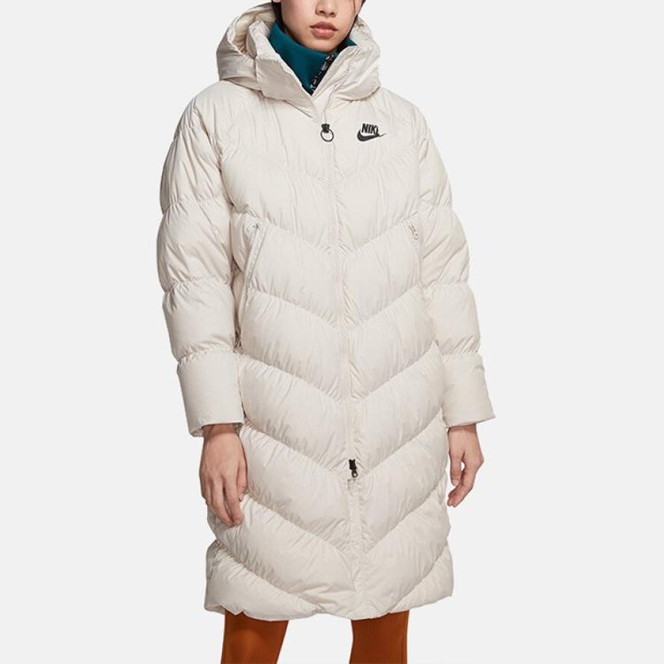 Nike Solid Color Warm Windproof Hooded Long Zipper Down Jacket Women Outerwear Beige BV2882-008
