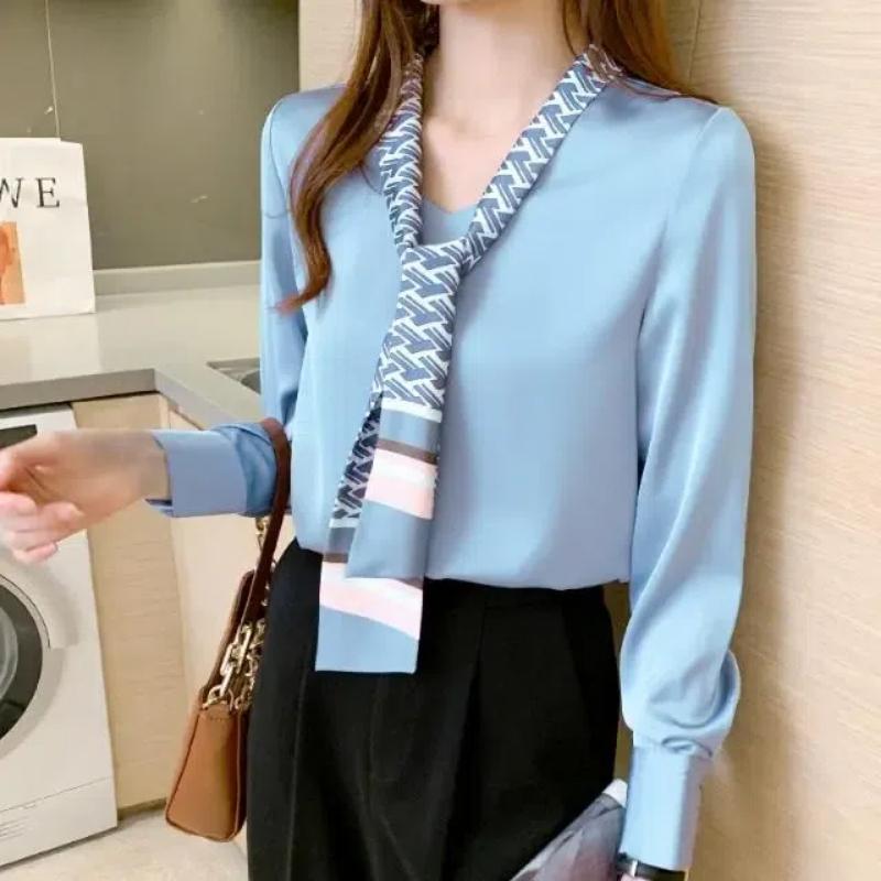 Spring Autumn Solid Color V-neck Long Sleeve Blouse Women High Street Casual Loose Pullovers Elegant Satin Face All-match Tops