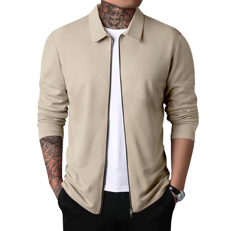 

Autumn Men s Zippered New Waffle Cardigan Jacket Lapel Jacket Coat or Wear It Alone Casual Top S хаки