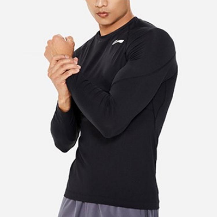 Li Ning Fitness Series Solid Color Round Neck Long Sleeve Tight Fitness Shirt Men Tops Black AUDS015-1