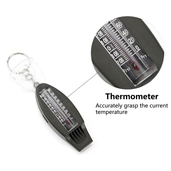 Notfallpfeife Kompass Lupe Thermometer Klarer Klang Schlüsselanhänger Design 4 in 1 Multifunktions-Wanderpfeife Outdoor-Zubehör