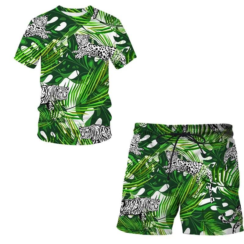 Herren-Sportanzug, T-Shirt + Shorts, Trainingskleidung, 2-teiliges Set, kurzärmelige Sportbekleidung mit Cartoon-Tier-3D-Leopardendruck