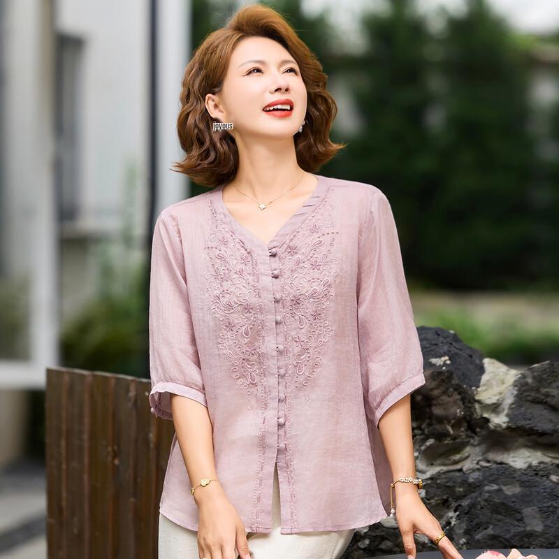 Women s New Chinese Style Embroidered V-Neck Ramie Blouse L