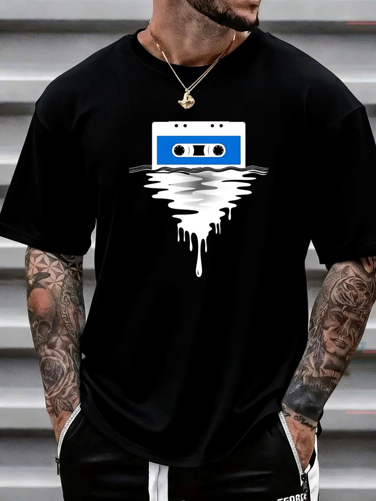 Unisex Black Crew Neck Tee Dripping Cassette Tape Print Oversized Short Sleeve Unisexs Summer Streetwear Casual Daily Basic Wear Top