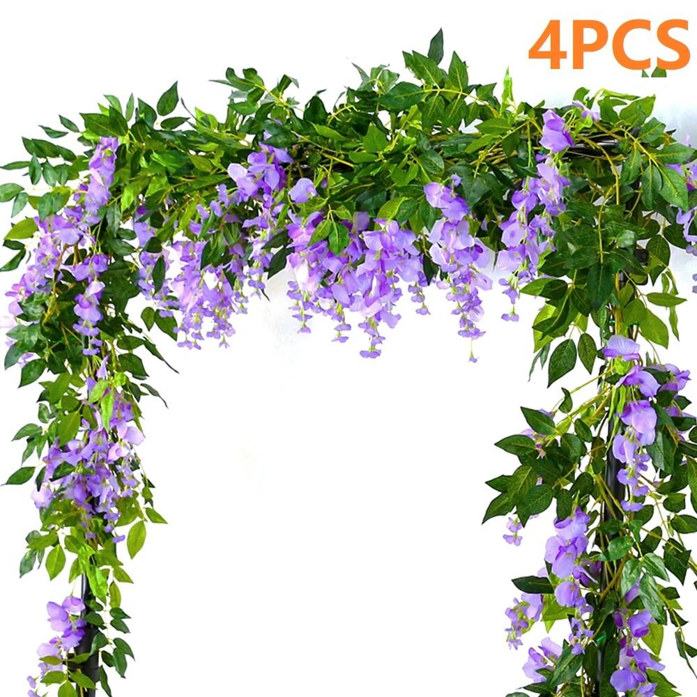 2/4pc 1.8M Wisteria Artificial Flowers Vine Garland Plants Wedding Arch Decoration Fake Plant Leaf Rattan Trailing Wall Flower