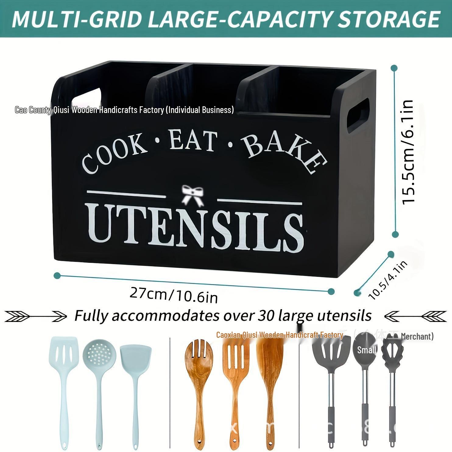 Solid Wood Kitchen Utensil Organizer: Tableware, Knife, Fork, Chopstick Storage Box чёрный