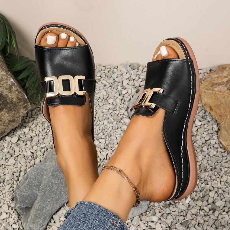 Women's Wedge Platform Slippers New Cross-Border Large Size Casual Fashion Simple Metal Buckle Fish Mouth Sandals