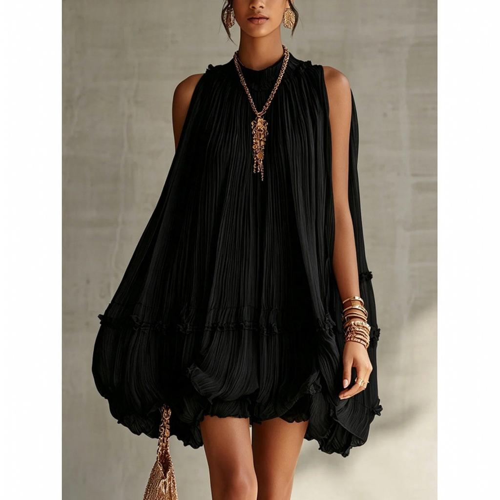 Women's Sleeveless Pleated Babydoll Dress - Loose Fit A-Line Dress for Vacation