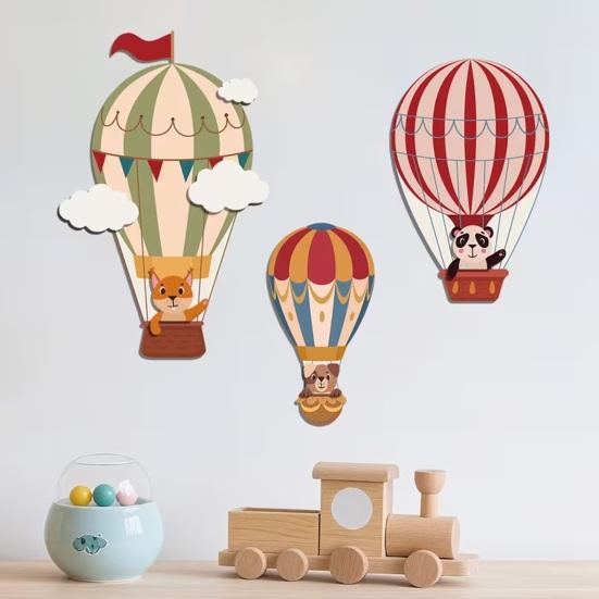 3Pcs Hot Air Balloon Wall Art Wooden Cartoon Animals Clouds Wall Hanging Decor 3D Layered Design Easy Installation Kids Room Decoration