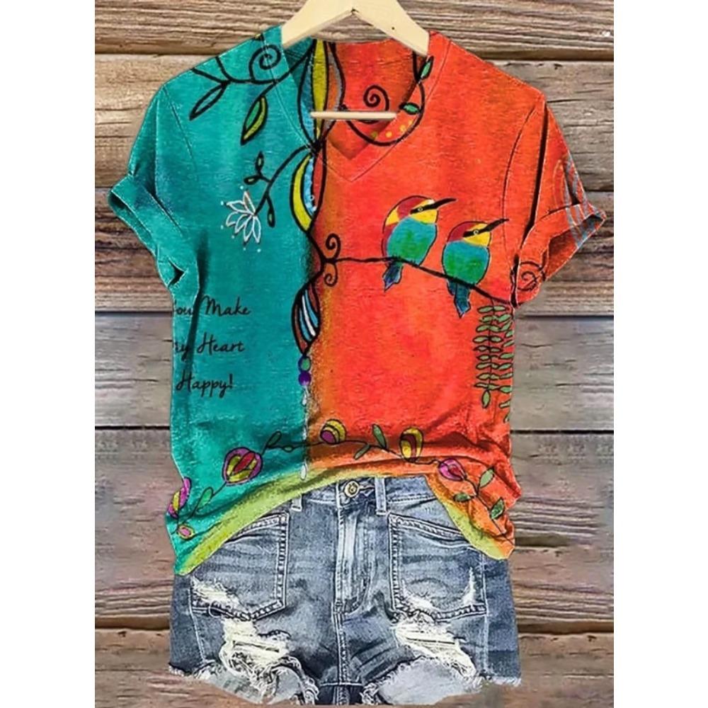 Women Summer T Shirt Vintage Pattern Print Short Sleeve Tees Casual Printed Tops