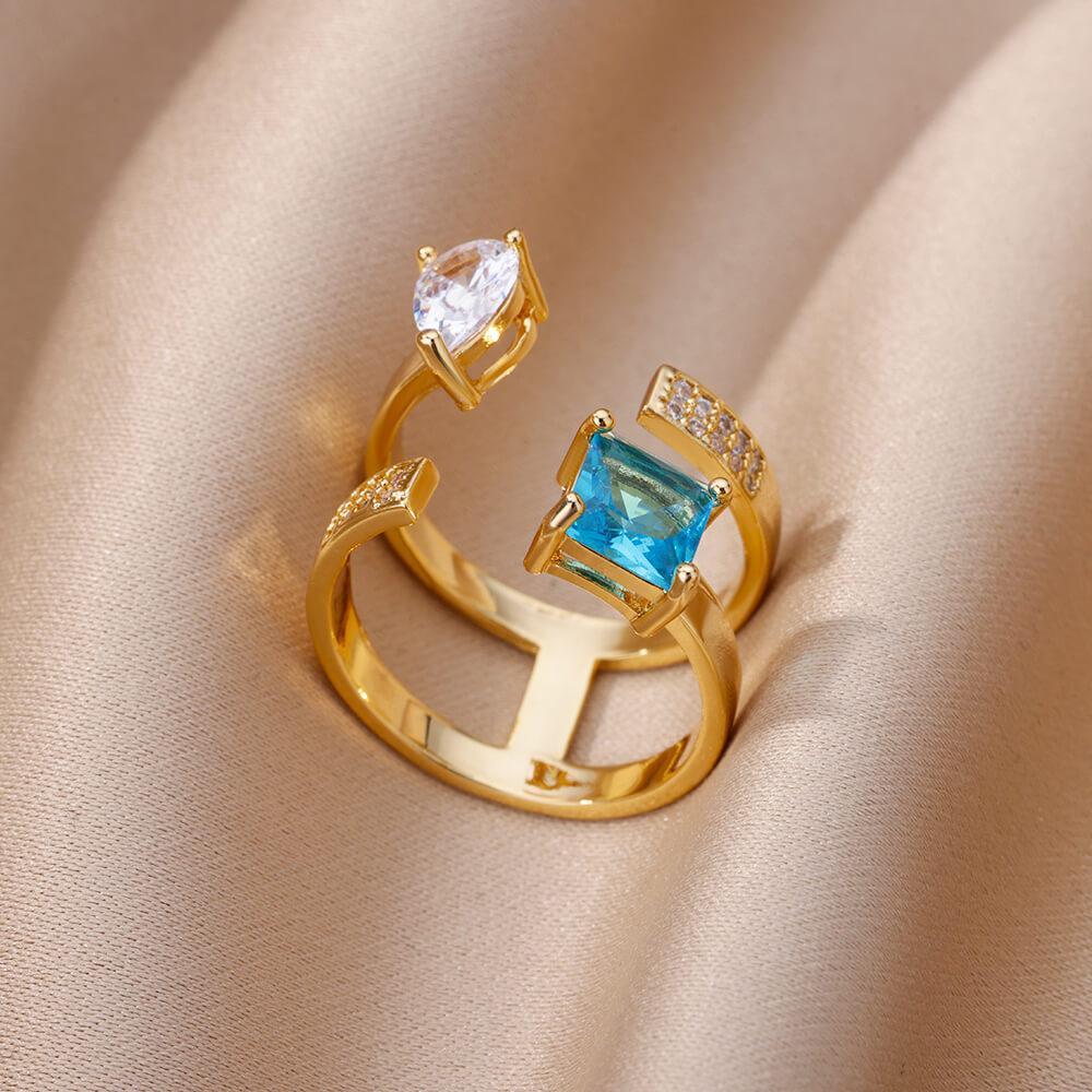 Stainless Steel Blue Zircon Flower Ring For Women Open Adjustable Flower Ring Wedding Aesthetic Jewelry Gift bijoux femme