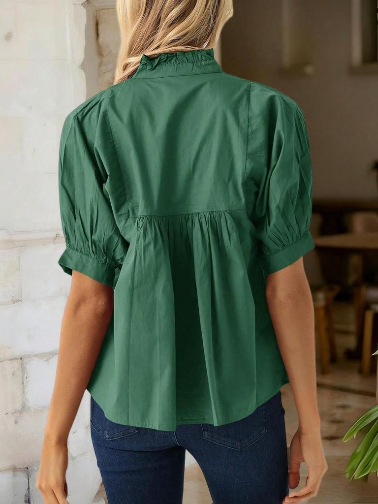 Women's Puff Sleeve V Neck Babydoll Blouse Peplum Pleated Loose Dressy Casual Top