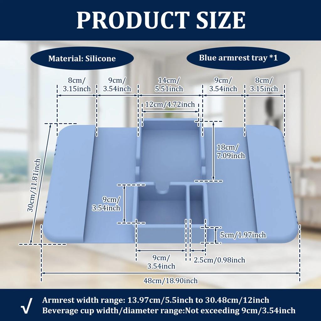 Sofa Armrest Tray Silicone Sofa Armrest Rest Shelf with Side Pocket Dual Slot Anti-Slip Sofa Cup Holder for Remote Control Snack