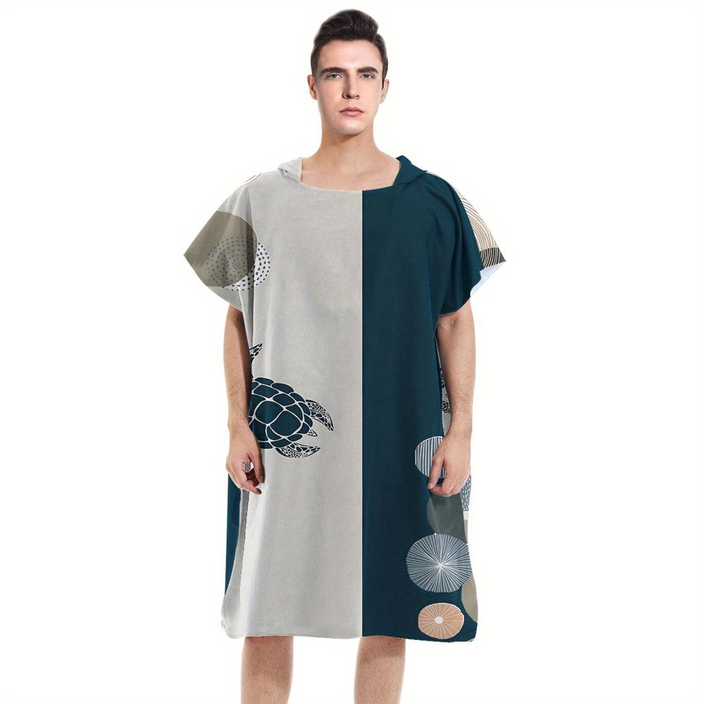 Abstract Sea Turtle Hooded Beach Towel Poncho | Navy Geometric Circle Surf Changing Robe, Flat Print, Outdoor Bath Cape