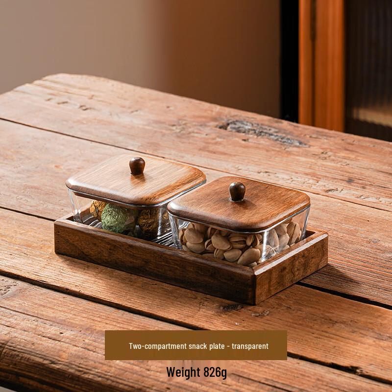 AQ Light Luxury Walnut Serving Tray Set Walnut Tray + 2 Glass Bowls + Lid