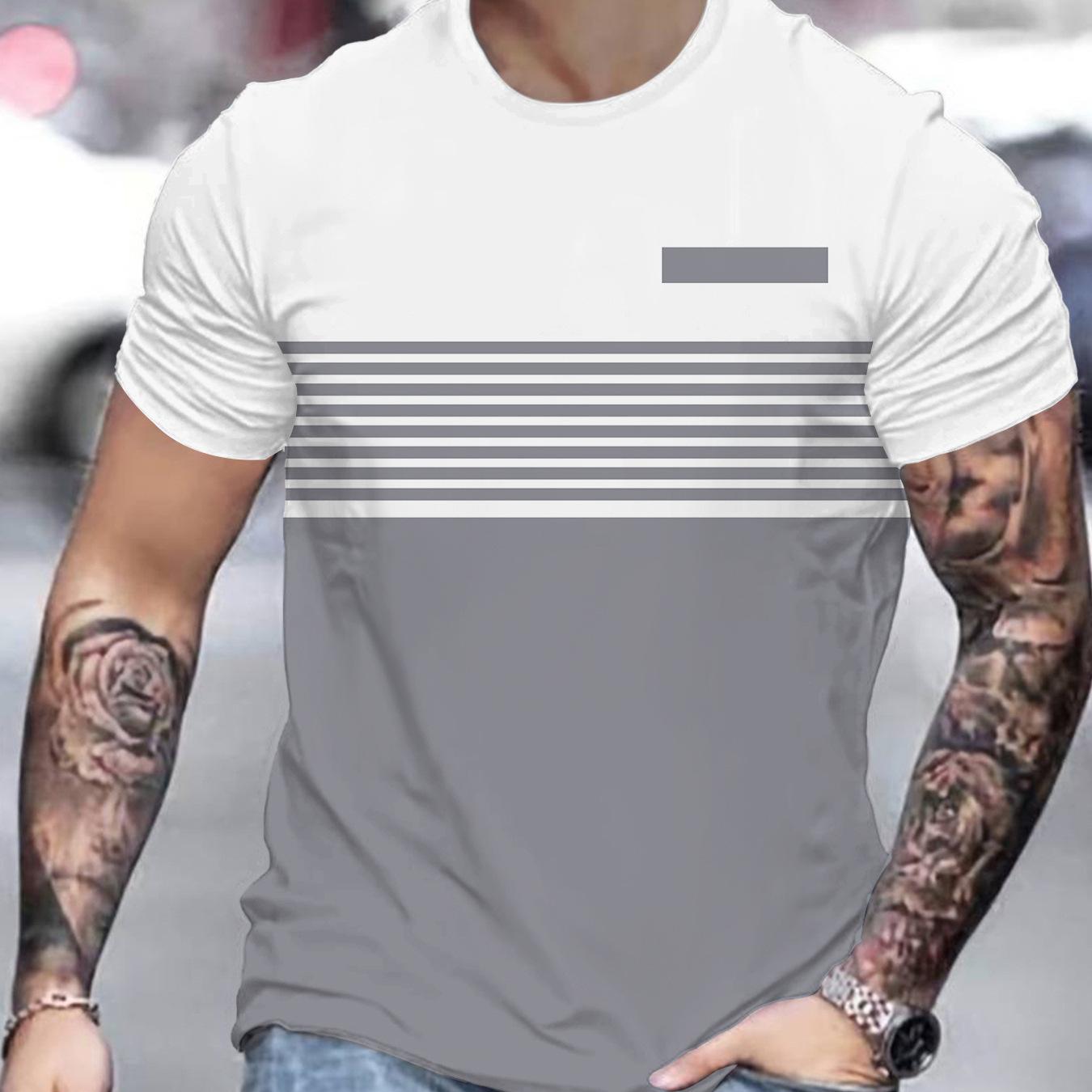 

Men s Summer Gradient Stripe Print T-Shirt - Crew Neck, Short Sleeve, Athletic, Fitness-Friendly & Breathable XS