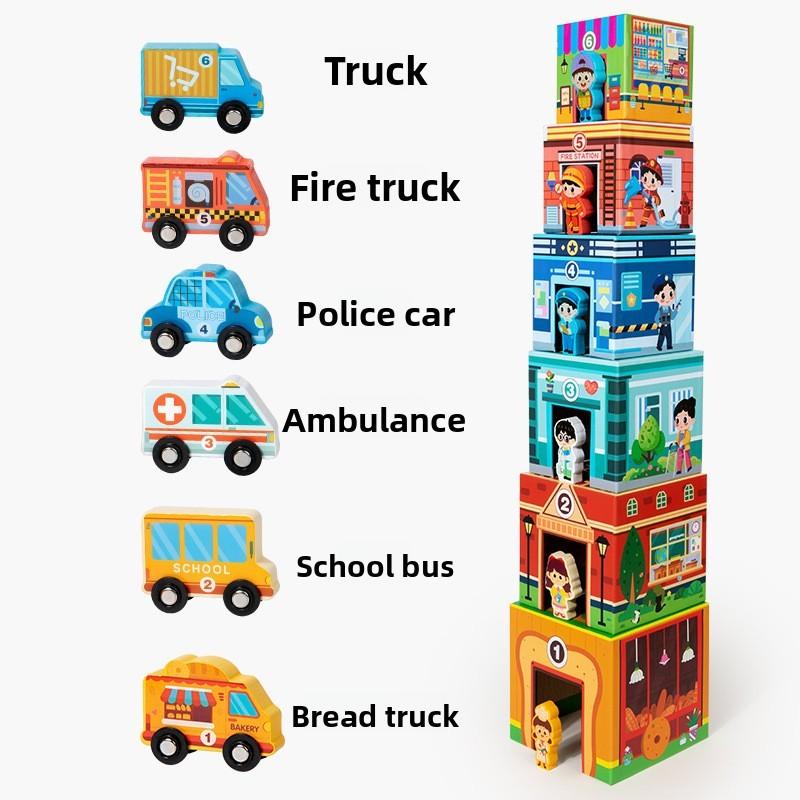 Hospital School Supermarket Wooden Stacked Building Blocks Box Set Toys Children
