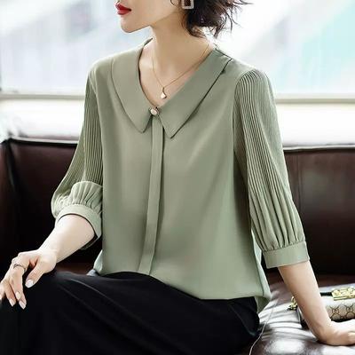 Office Lady Halflange Mouw Shirt Stijlvolle Plooien Zomer Effen Kleur Reverskraag Koreaanse Dameskleding Alles-passende Losse Blouse