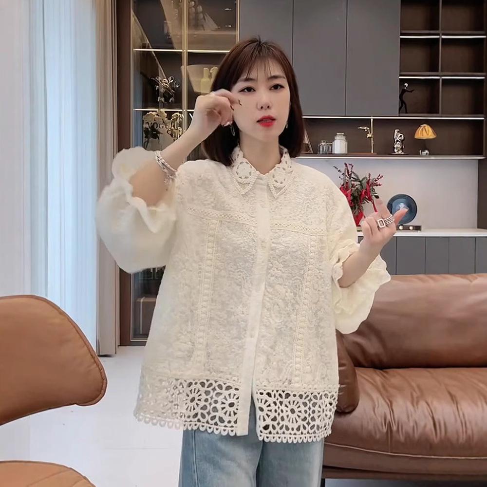 Korean Style Openwork Lace Lapel Blouse - 2025 Spring Women's Loose Fit, Long Sleeve
