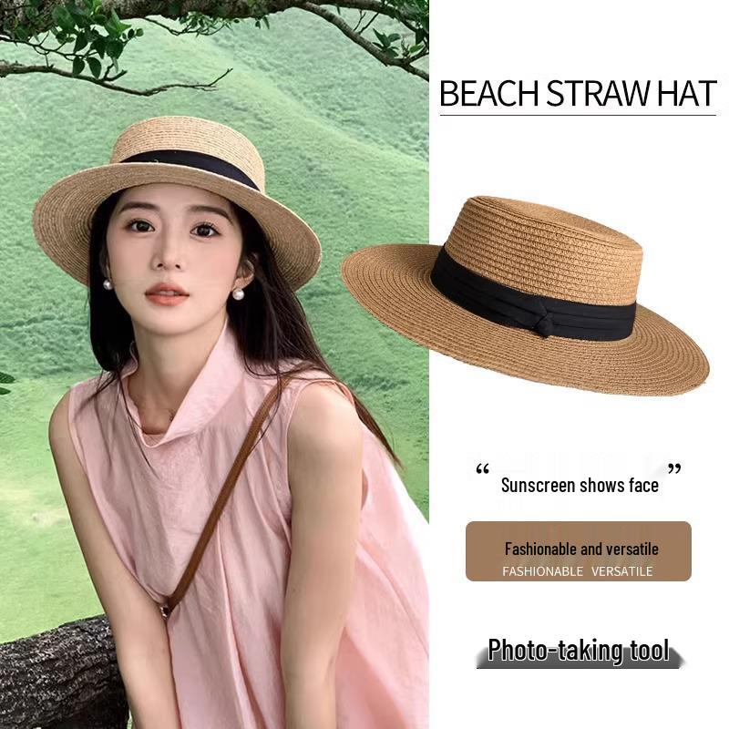 French 2025 Flat-Top Straw Hat for Women, Large Circumference, Flat Brim, Plus Size Resort Sun Hat
