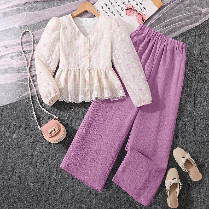 

Autumn Sweet V-neck Lace Crochet Long Sleeve Top and Pants Girls Suit 170cm фіолетовий