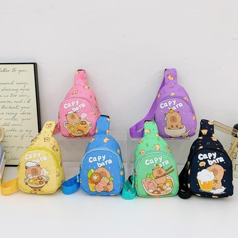 Cartoon Capybara Food Printed Kids Crossbody Bag With Nylon Material For Daily Use And Lightweight Comfort