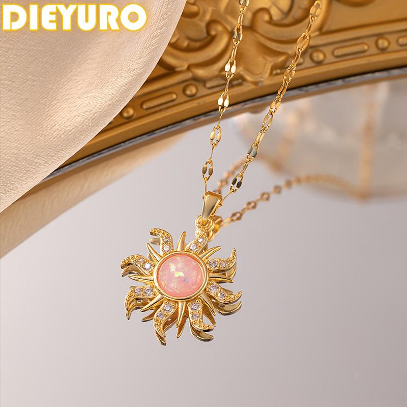 DIEYURO 316L Stainless Steel Pink Sun Flower Zircon Pendant Necklace For Women New Trend Fashion Neck Jewelry Glamorous Gift