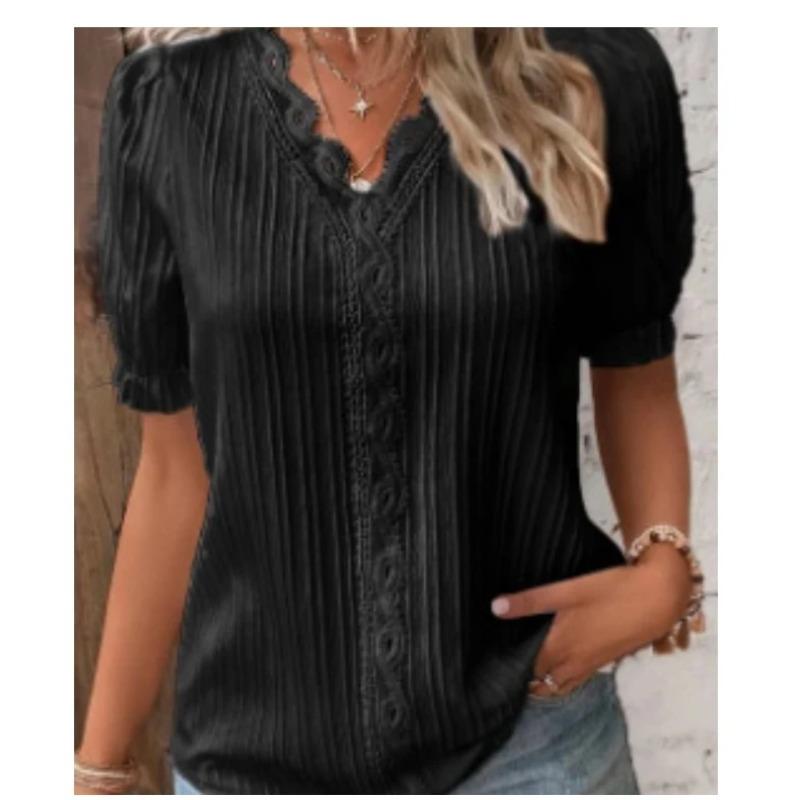 Damen Sommer Top Einfarbig Sexy V-Ausschnitt Aushöhlung Kurzarmhemd Mode Patchwork Übergröße Bluse Locker Streetwear