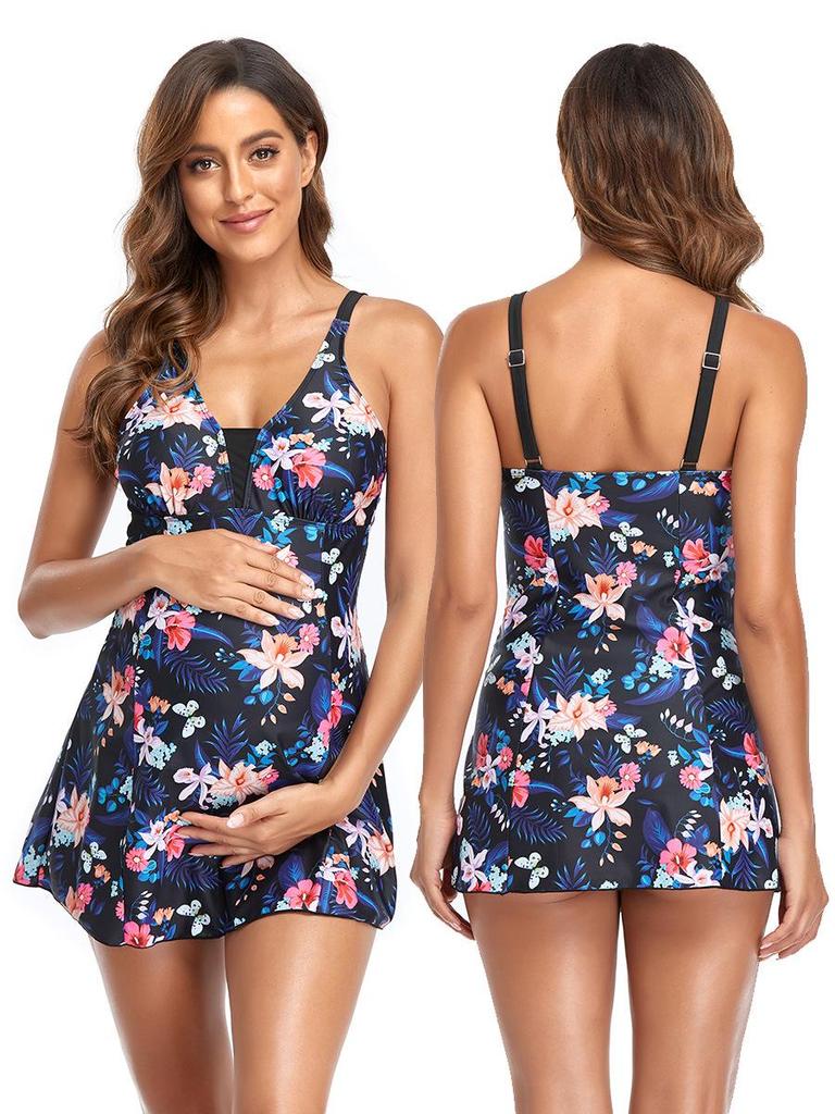 European & American Maternity Loose Split Skirt Bikini One-Piece Print Tankini Swimsuit.