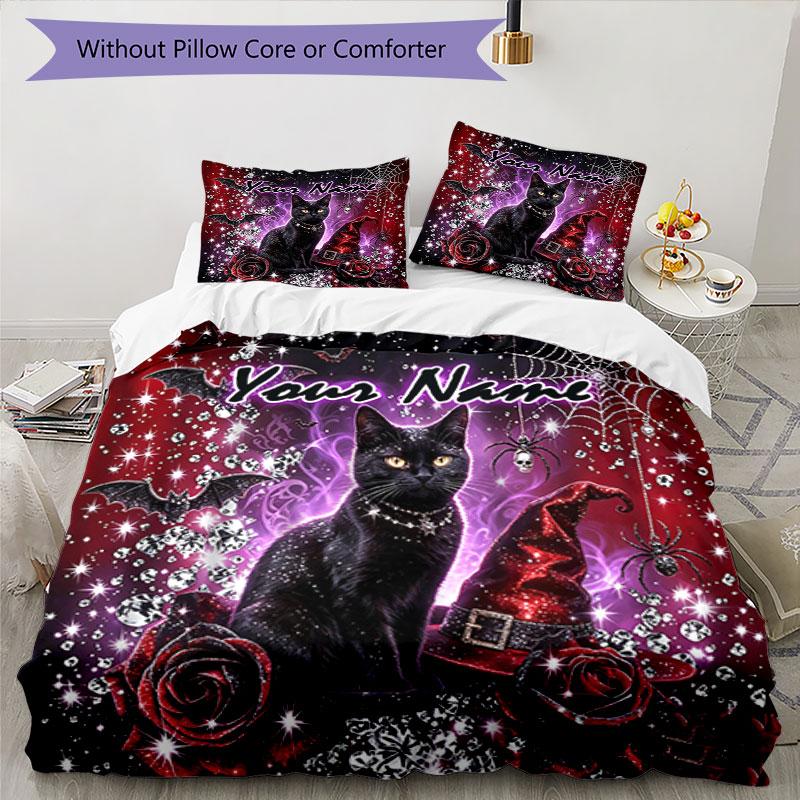 3PC Custom Name Gothic Cat Roses Bedding Set Printed Bedding Set Duvet Cover Closure Includes 1 Duvet Cover & 2 Pillowcases for All Seasons Bedroom