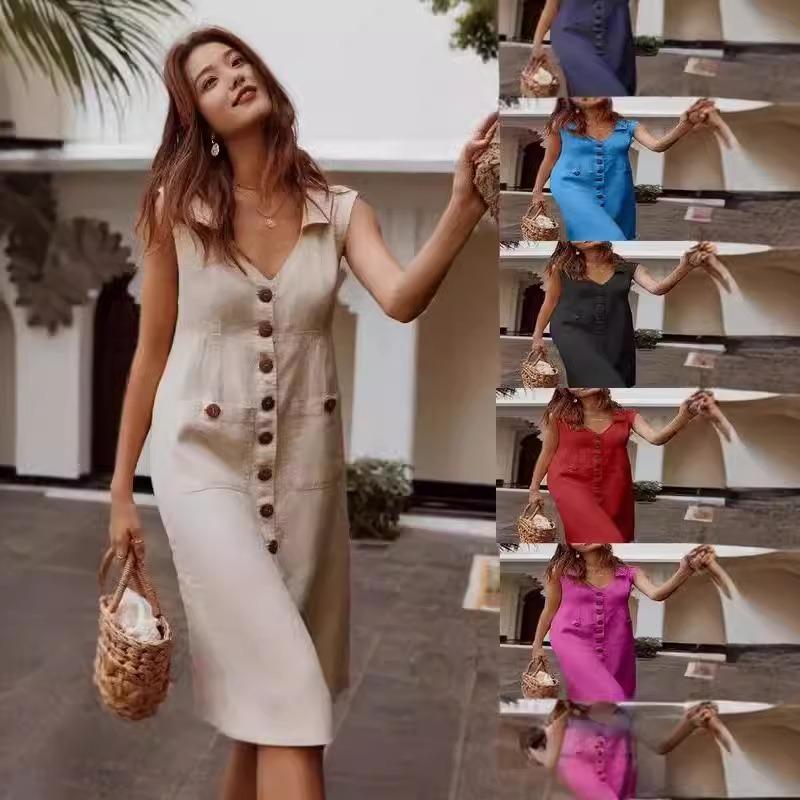 Módní letní šaty bez rukávů s výstřihem do V pro ženy plus size, elegantní kancelářské volné jednoprsé šaty s kapsami, jednobarevné ležérní párty šaty