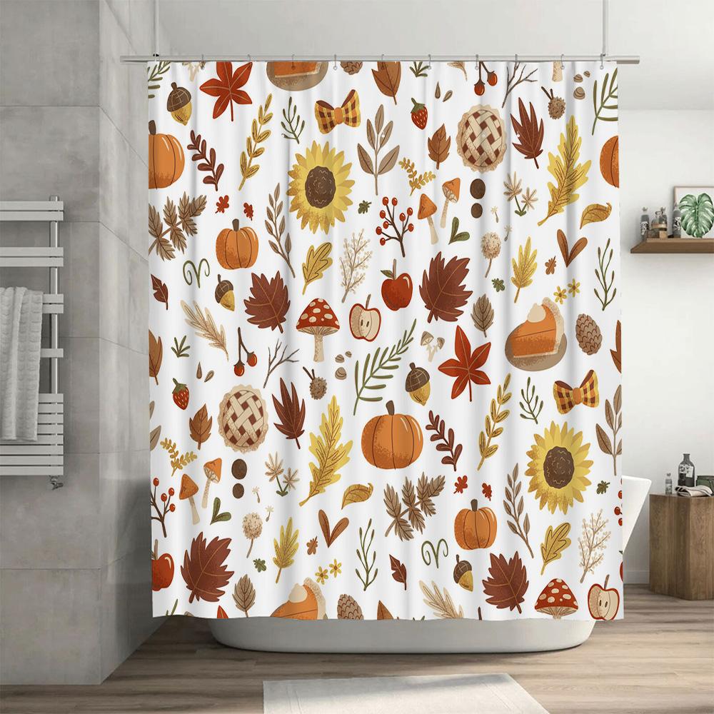Fall Leaves Pumpkins Shower Curtain Decorative Bath Rug Set For Thanksgiving, Autumn Home Bathroom Decor White Color (180X240Cm)