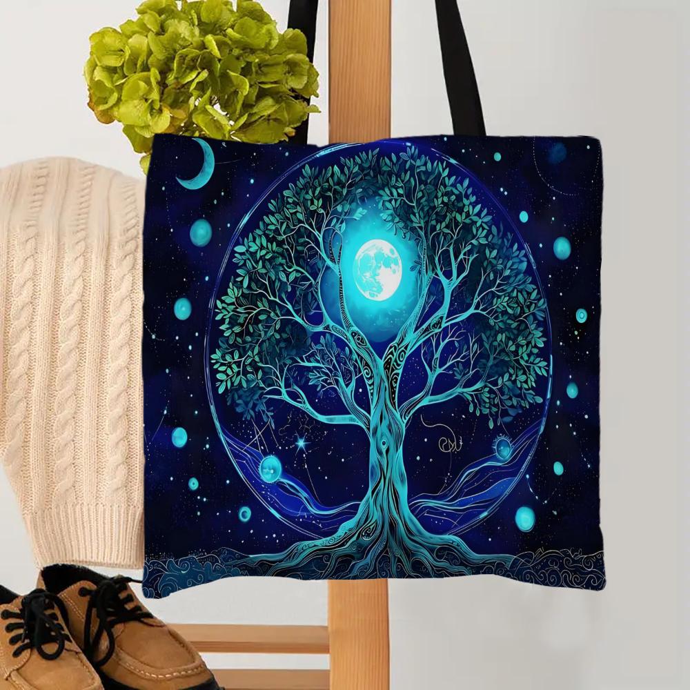 1PC Tree Of Life Tarot Tote Shoulder Bag Moon Phase Plants Bags Storage Handle Shopping Bag Portable Supermarket Bag Tote Bag