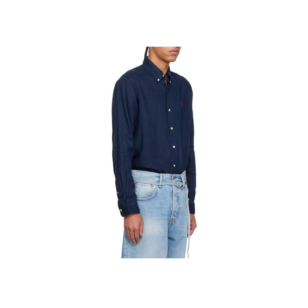 Polo Ralph Lauren Logo Polo Button Long Sleeve Shirt Men Shirts Navy-Blue 710966292006