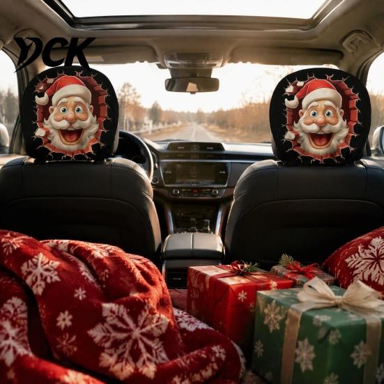 Holiday Themed Car Accessories 2Pcs Santa Headrest Covers, Christmas Printed Pillow Cases, Universal Fit Auto Interior Decoration for Most Vehicles,