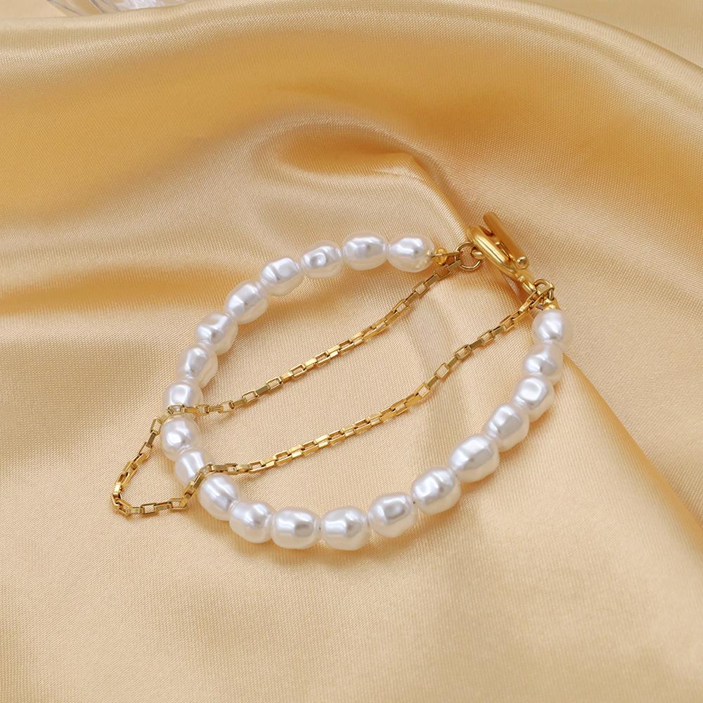 Niche Design Titanium Steel Jewelry Does Not Fade, Fashionable Light Luxury Double-Layer Ot Buckle Pearl Bracelet Women
