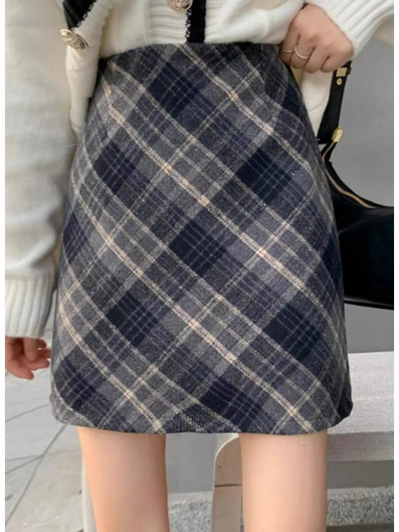 Korean Plaid High-Waisted Wool Blend A-Line Midi Skirt - Women s Autumn/Winter Style 3XL чёрный/синий