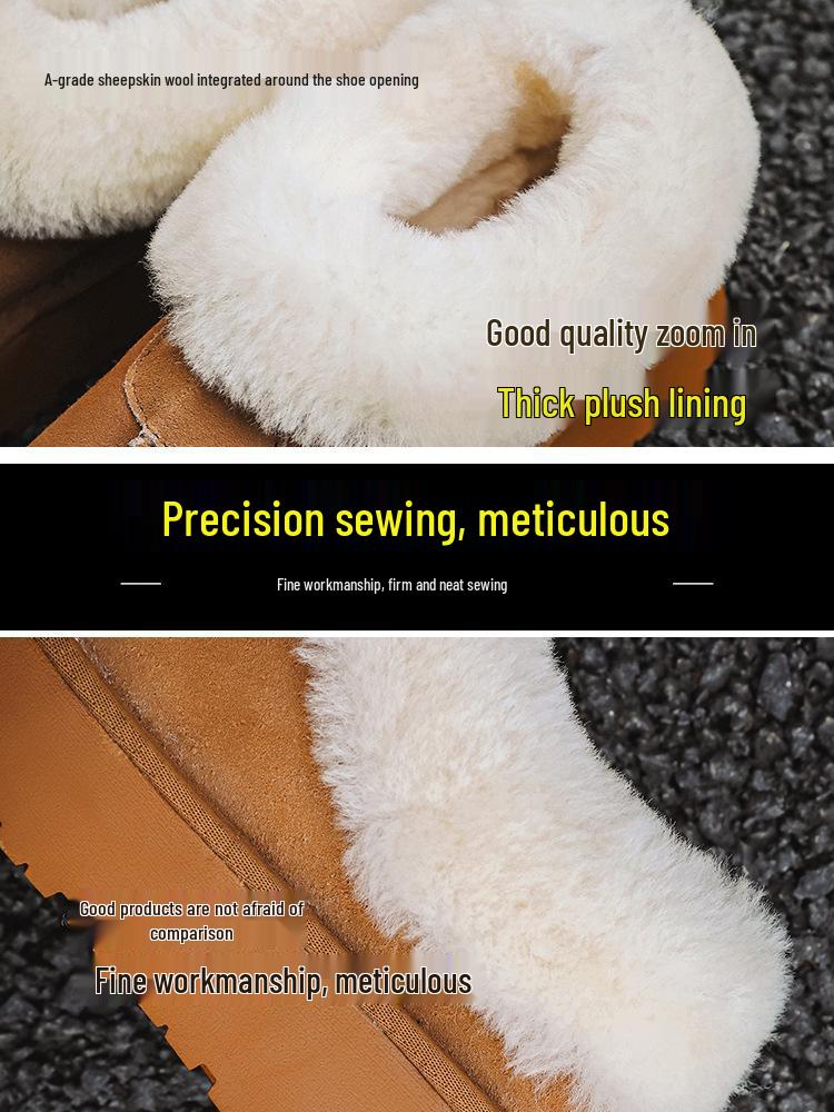 Women's Genuine Leather Thick-Soled Snow Boots, Non-Slip, Warm, with Plush Wool and Velvet Lining.