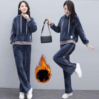 Velvet Fleece Plus Fleece Casual Women's Winter Double-faced Plush Hooded Quilted Wide-leg Pants Set of Two Pieces