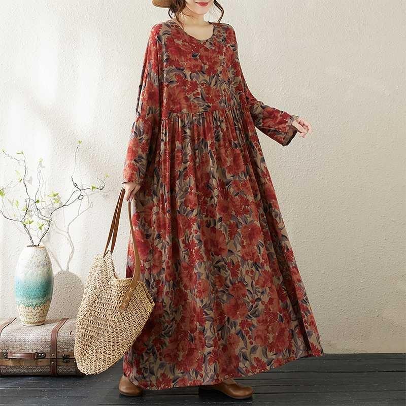 Round Neck Long Sleeve Loose Literary Vacation Style Plus Size Skirt