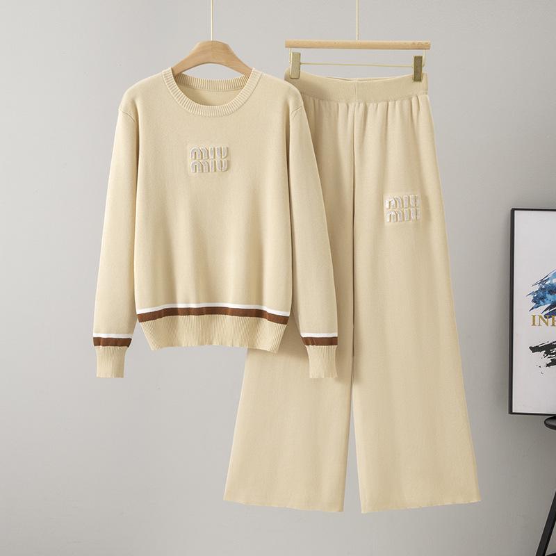 

Women s Knit Two-Piece Set: Autumn/Winter Fashion Loose Sweater & Casual Wide-Leg Pants One Size абрикосовий