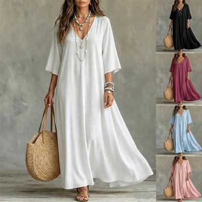 2026 European and American Style Simple Solid Color V-neck Long Dress, Loose Pendulum Pendant Feeling Daily Vacation Dress