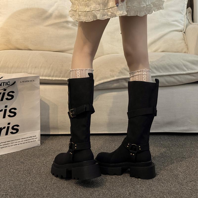 Winter Vintage Platform Woman Knight High Boots Fashion Belt Buckle Thick Sole Shoes Ladies Concise Punk Style Modern Long Botas