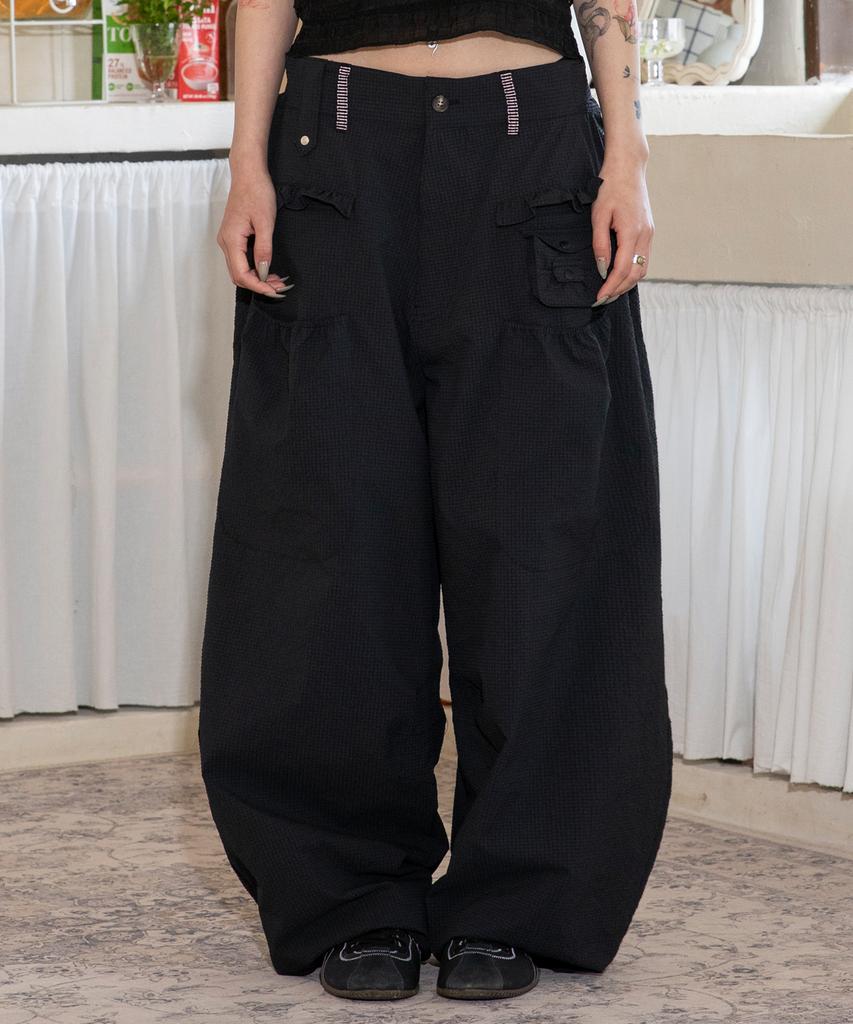 RuNaKi'Hu' Wxp042 Saki Frill Seersucker Wide Pants (Black)